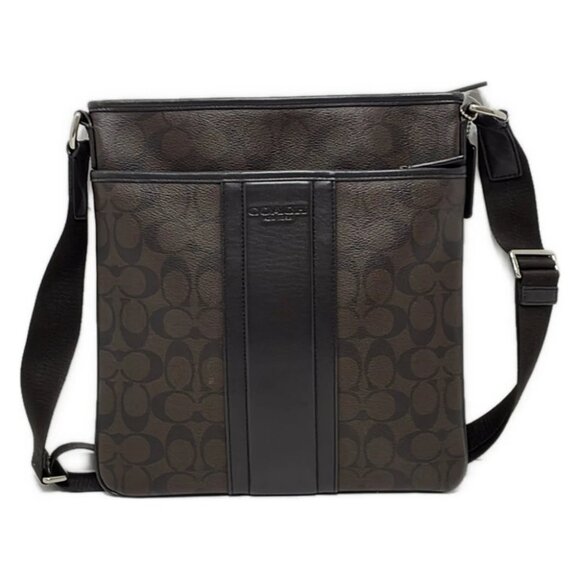 Auth COACH Heritage Signature Stripe Small Crossbody F71131 Dark Brown Black PVC - Picture 1 of 8